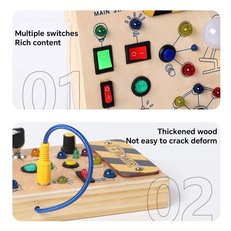 Montessori Busy Board with Switch Control Wooden Toddler Toys Sensory Travel Activities Toys for Kids Puzzle Early Learning Toys
