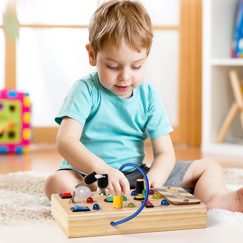 Montessori Busy Board with Switch Control Wooden Toddler Toys Sensory Travel Activities Toys for Kids Puzzle Early Learning Toys