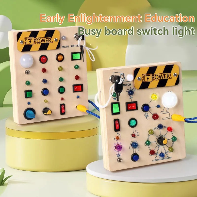 Montessori Busy Board with Switch Control Wooden Toddler Toys Sensory Travel Activities Toys for Kids Puzzle Early Learning Toys